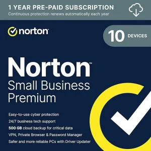 Norton Small Business Premium 2025, Business Cybersecurity with Antivirus for 10 Devices Plus 24/7 Business Tech Support, 500GB PC Cloud Backup, Password Manager [Download]